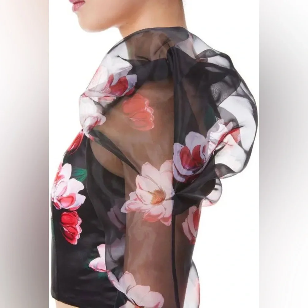 Alice + Olivia Floral Puff Sleeve Sheer Crop Top - Picture 8 of 11